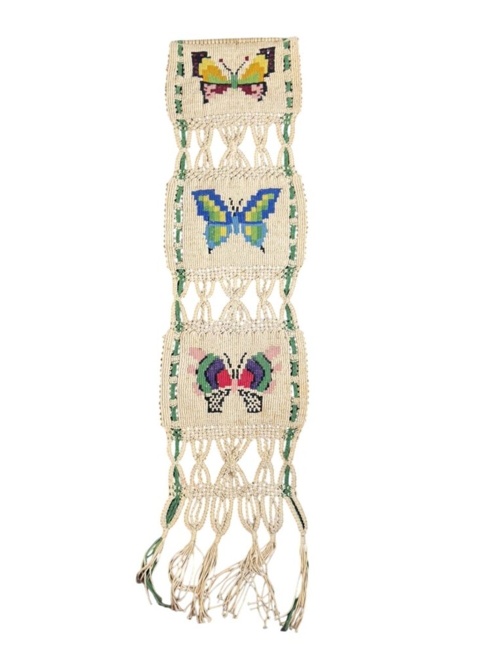Vintage 3-Panel Butterfly Embroidered Woven Seed Bag Wall Hanging, 36x9